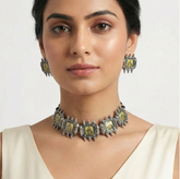 Antique Oxidised Silver Temple Design Choker Necklace & Earrings Set for Women
