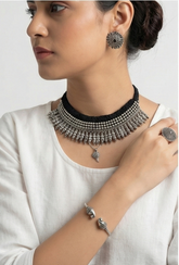 Boho Tribal Oxidised Choker with Earrings, Ring & Bracelet