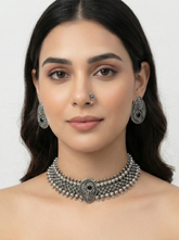 Vintage Oxidised Silver Choker Set with Earrings, Ring & Nose Pin