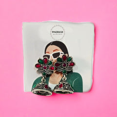 Rajwadi Emerald–Ruby Oxidized Silver Necklace Set with Ring & Jhumka Earrings