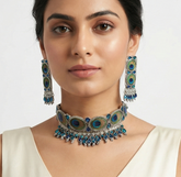 Peacock Design Oxidised Silver Choker Necklace & Long Earrings Set for Women