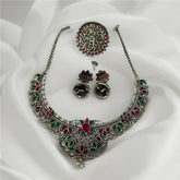 Rajwadi Emerald–Ruby Oxidized Silver Necklace Set with Ring & Jhumka Earrings