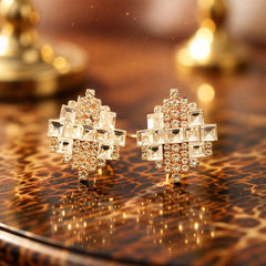 Royal Geometric Crystal Stud Earrings – Rose Gold Finish