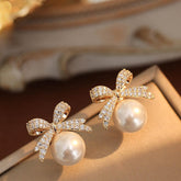 Classic Crystal Bow Pearl Stud Earrings