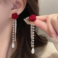 Crimson Rose Pearl Tassel Earrings