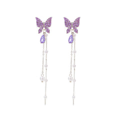 Lilac Butterfly Pearl Drop Earrings