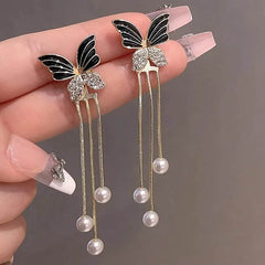 Butterfly Pearl Tassel Drop Earrings