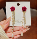 Crimson Rose Pearl Tassel Earrings