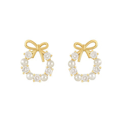 Golden Bow Pearl Wreath Stud Earrings