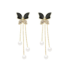 Butterfly Pearl Tassel Drop Earrings