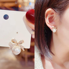 Classic Crystal Bow Pearl Stud Earrings