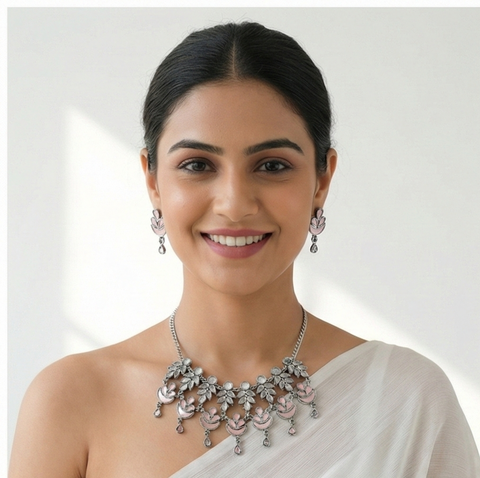 Handcrafted Pink Floral Oxidised Jewellery Set – Elegant Necklace & Earrings for Women