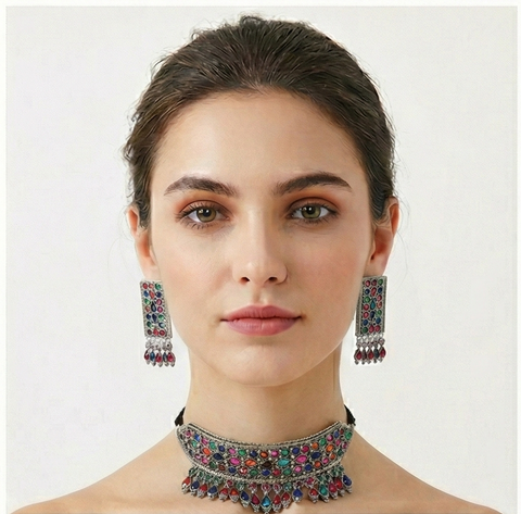 Regal Multicolor Gemstone Collection - Traditional Choker Necklace & Jhumka Set