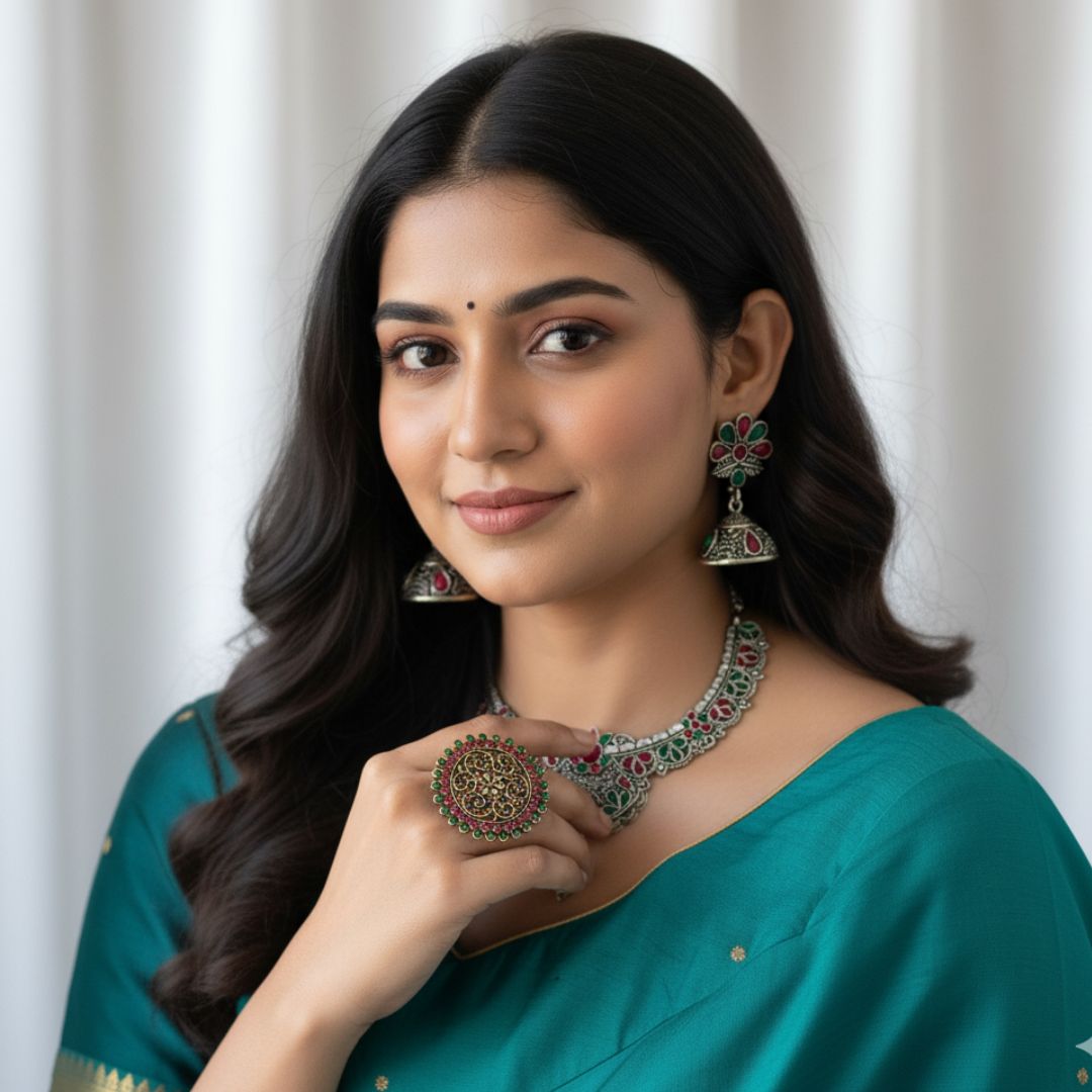 Rajwadi Emerald–Ruby Oxidized Silver Necklace Set with Ring & Jhumka Earrings