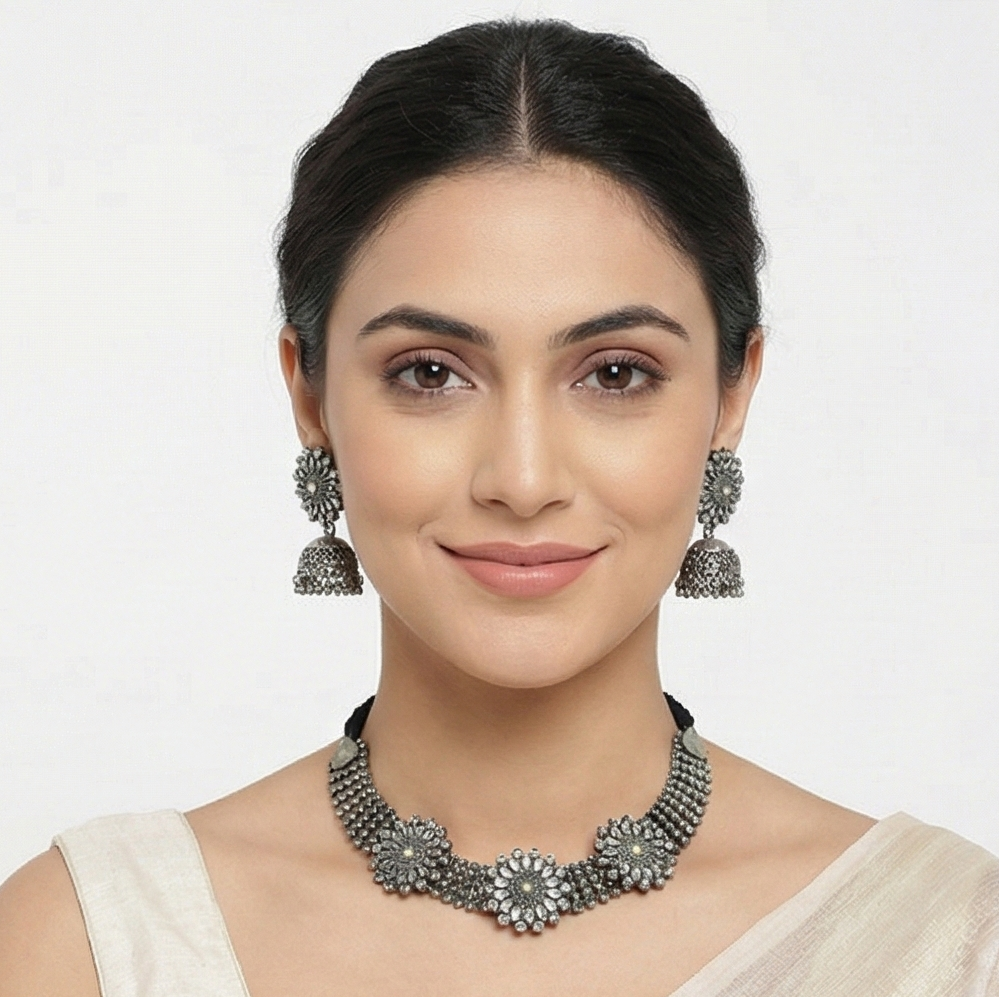 Handcrafted Oxidised Floral Jewellery Set – Choker Necklace & Jhumka Earrings