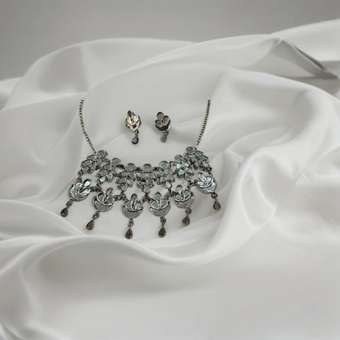 Handcrafted Mirror Work Floral Oxidised Jewellery Set – Elegant Necklace & Earrings for Women
