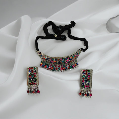 Regal Multicolor Gemstone Collection - Traditional Choker Necklace & Jhumka Set