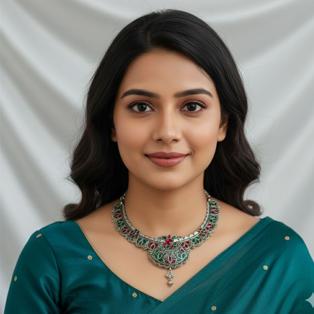 Rajwadi Emerald–Ruby Oxidized Silver Necklace Set with Ring & Jhumka Earrings