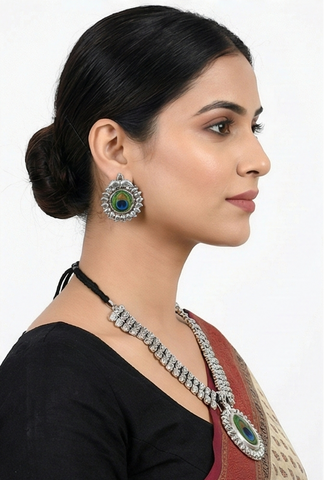 Peacock Motif Silver Oxidized Necklace & Earring Set | Traditional Ethnic Jewellery