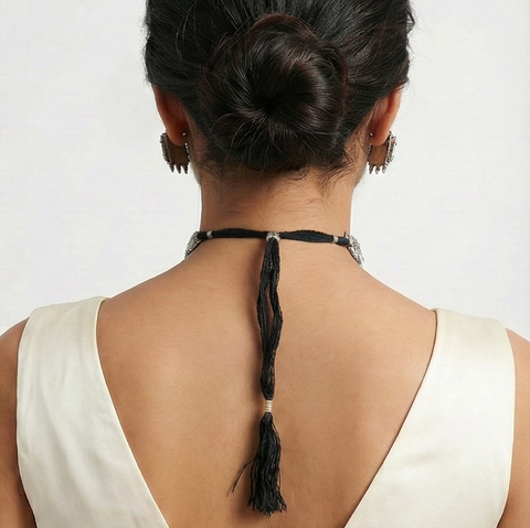 Antique Oxidised Silver Temple Design Choker Necklace & Earrings Set for Women