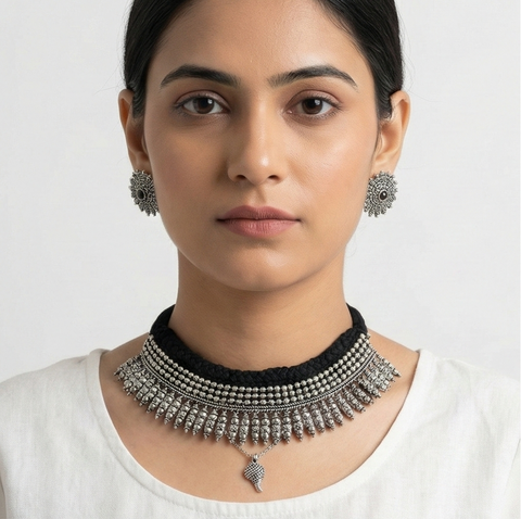 Boho Tribal Oxidised Choker with Earrings, Ring & Bracelet
