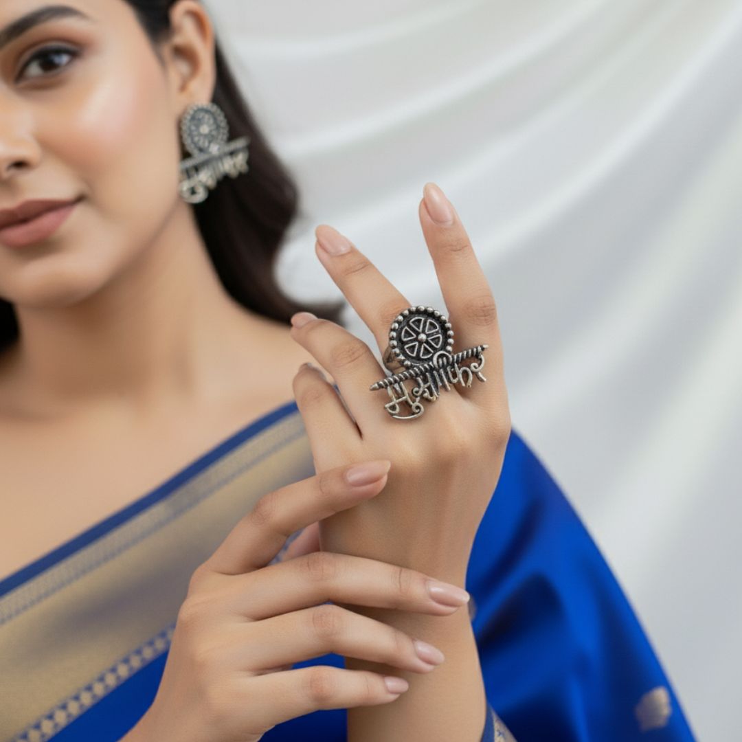 Marathi Pride Oxidised Silver Choker Set with Statement Earrings & Ring