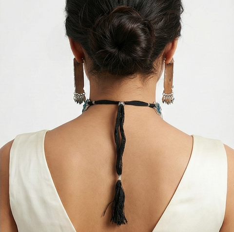 Peacock Design Oxidised Silver Choker Necklace & Long Earrings Set for Women