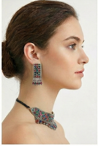 Regal Multicolor Gemstone Collection - Traditional Choker Necklace & Jhumka Set