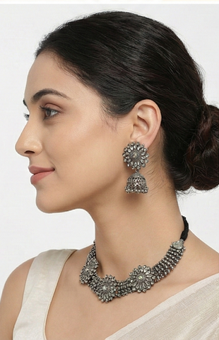 Handcrafted Oxidised Floral Jewellery Set – Choker Necklace & Jhumka Earrings