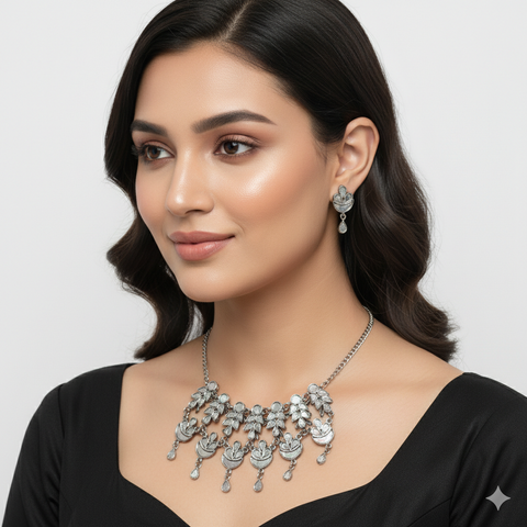 Handcrafted Mirror Work Floral Oxidised Jewellery Set – Elegant Necklace & Earrings for Women