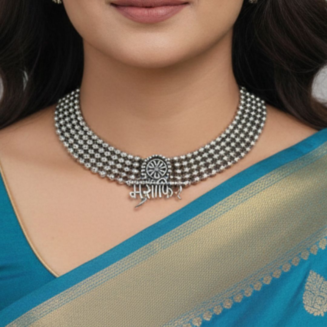 Marathi Pride Oxidised Silver Choker Set with Statement Earrings & Ring