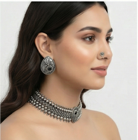 Vintage Oxidised Silver Choker Set with Earrings, Ring & Nose Pin