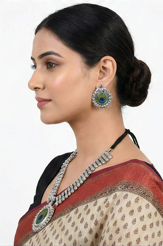 Peacock Motif Silver Oxidized Necklace & Earring Set | Traditional Ethnic Jewellery