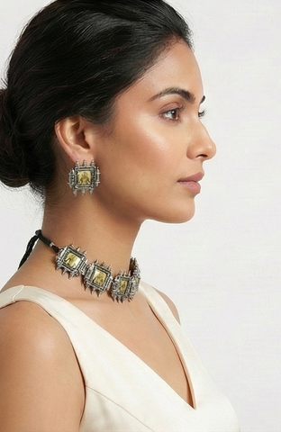 Antique Oxidised Silver Temple Design Choker Necklace & Earrings Set for Women