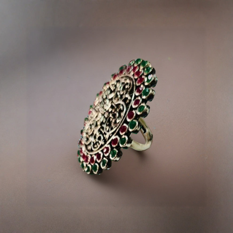 Rajwadi Emerald–Ruby Oxidized Silver Necklace Set with Ring & Jhumka Earrings