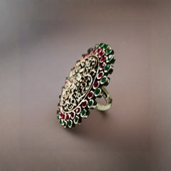 Rajwadi Emerald–Ruby Oxidized Silver Necklace Set with Ring & Jhumka Earrings