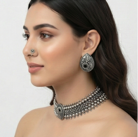 Vintage Oxidised Silver Choker Set with Earrings, Ring & Nose Pin