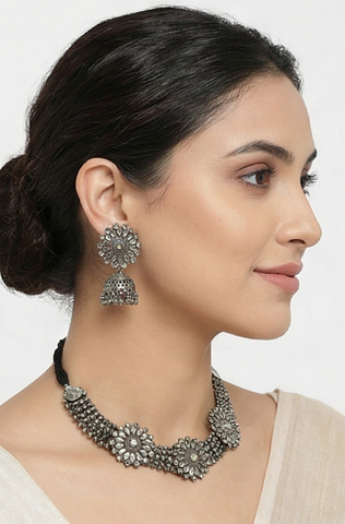 Handcrafted Oxidised Floral Jewellery Set – Choker Necklace & Jhumka Earrings