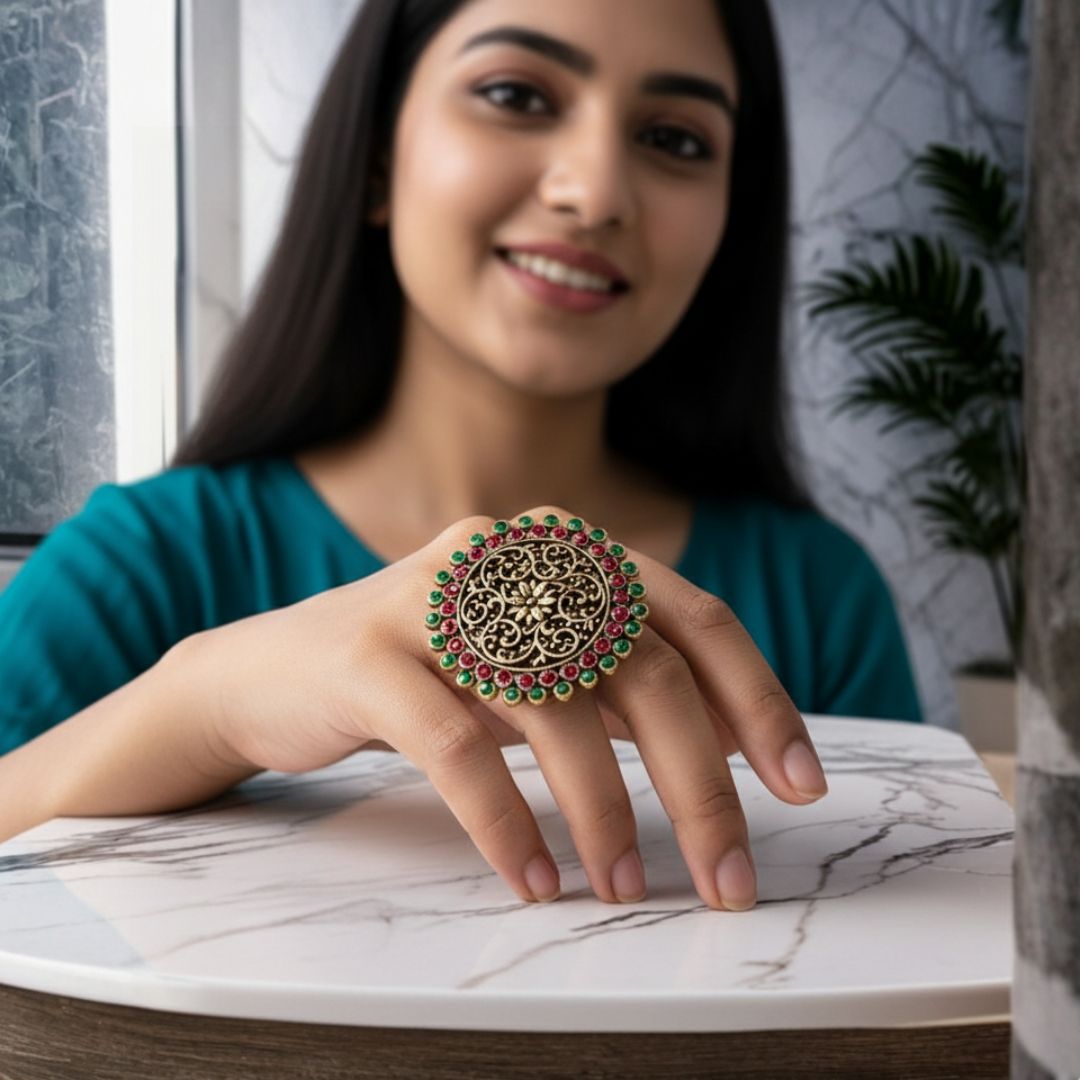 Rajwadi Emerald–Ruby Oxidized Silver Necklace Set with Ring & Jhumka Earrings