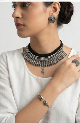 Boho Tribal Oxidised Choker with Earrings, Ring & Bracelet