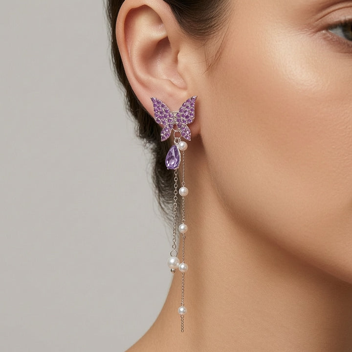 Lilac Butterfly Pearl Drop Earrings