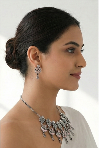 Handcrafted Pink Floral Oxidised Jewellery Set – Elegant Necklace & Earrings for Women