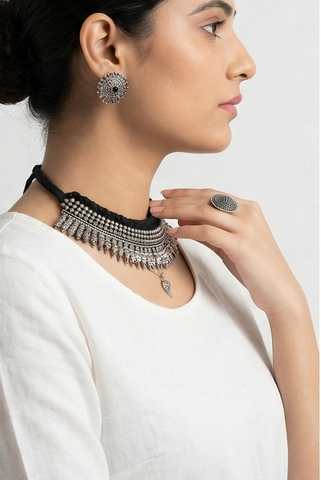 Boho Tribal Oxidised Choker with Earrings, Ring & Bracelet