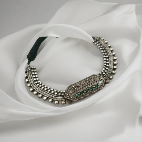 Oxidized Silver-Plated Green Stone Necklace Set