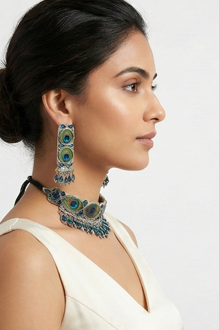 Peacock Design Oxidised Silver Choker Necklace & Long Earrings Set for Women