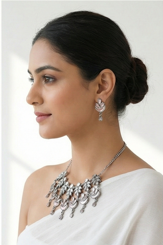 Handcrafted Pink Floral Oxidised Jewellery Set – Elegant Necklace & Earrings for Women
