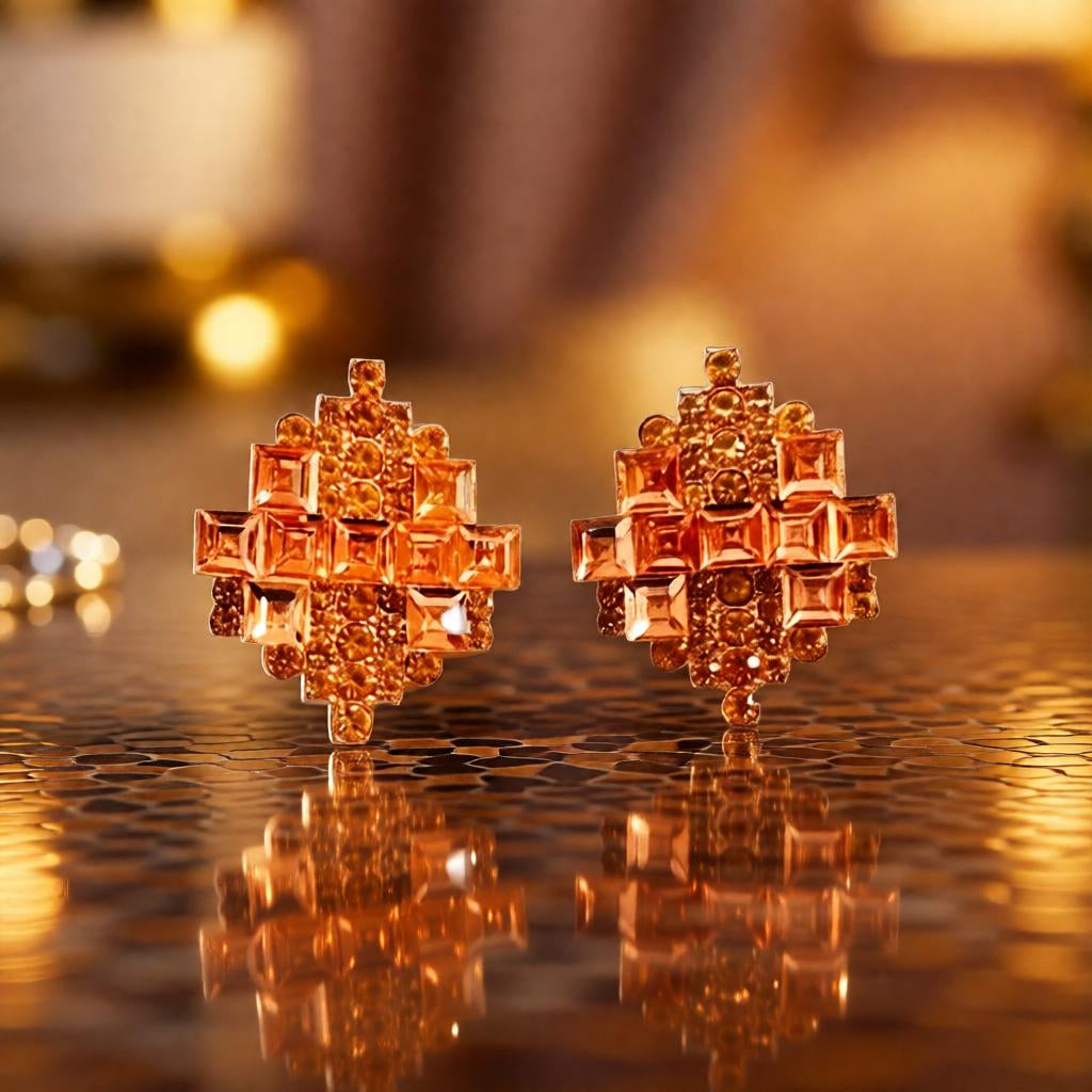 Royal Geometric Crystal Stud Earrings – Rose Gold Finish