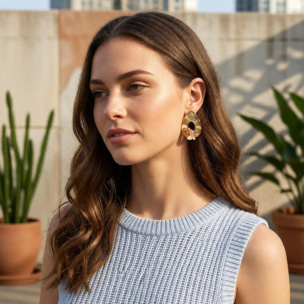 Pear-Shaped Ribbed Textured Butterfly & Pearl Stud Earrings