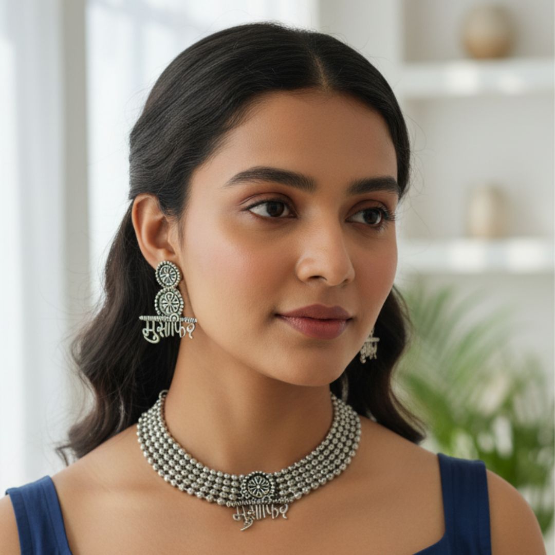 Marathi Pride Oxidised Silver Choker Set with Statement Earrings & Ring