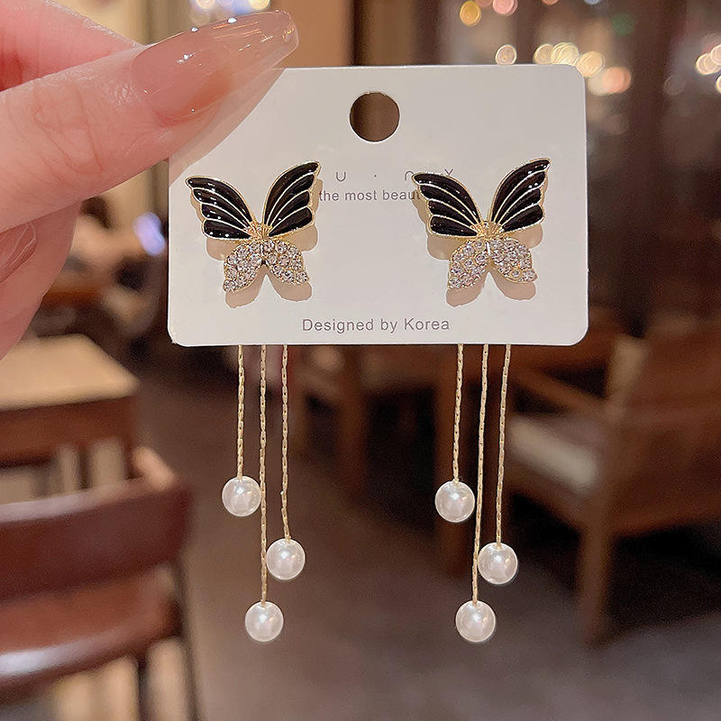 Butterfly Pearl Tassel Drop Earrings